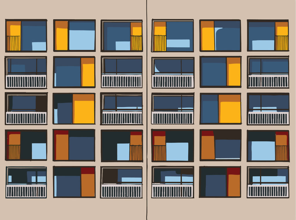 Colourful window grid on a Sheffield building