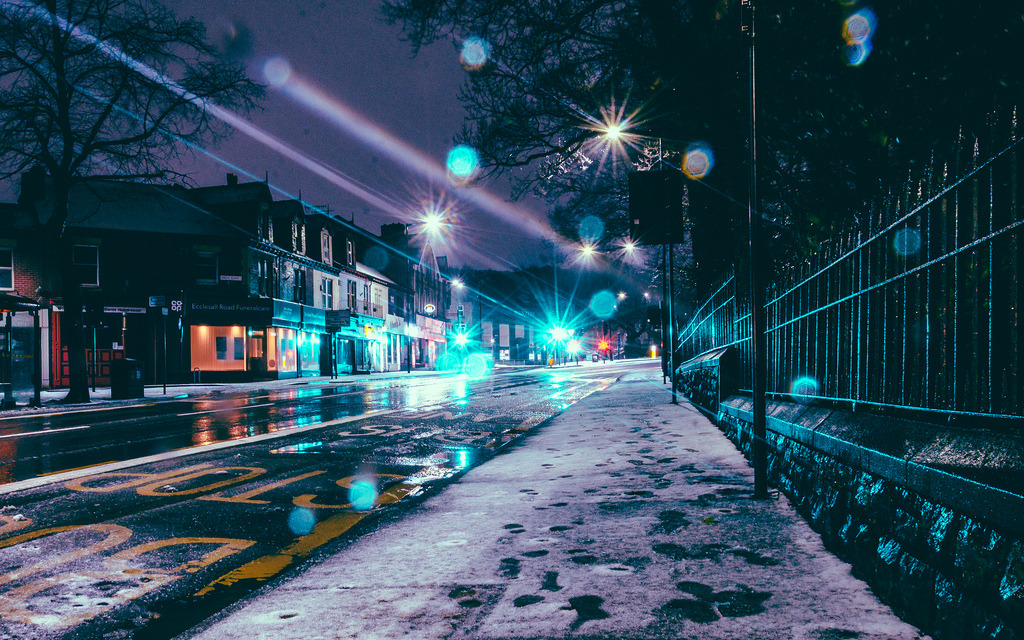 Snowy Sheffield street at night